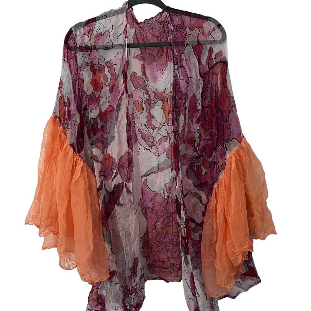 Elizabeth Gillet Floral Sheer Kimono with Orange Sleeves Size One- Size